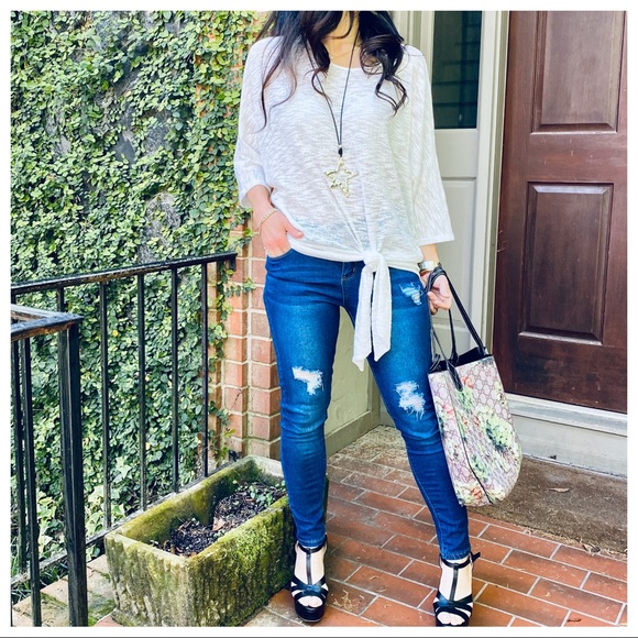 White tie front dolman sleeves loose fit tunic - Picture 2 of 8